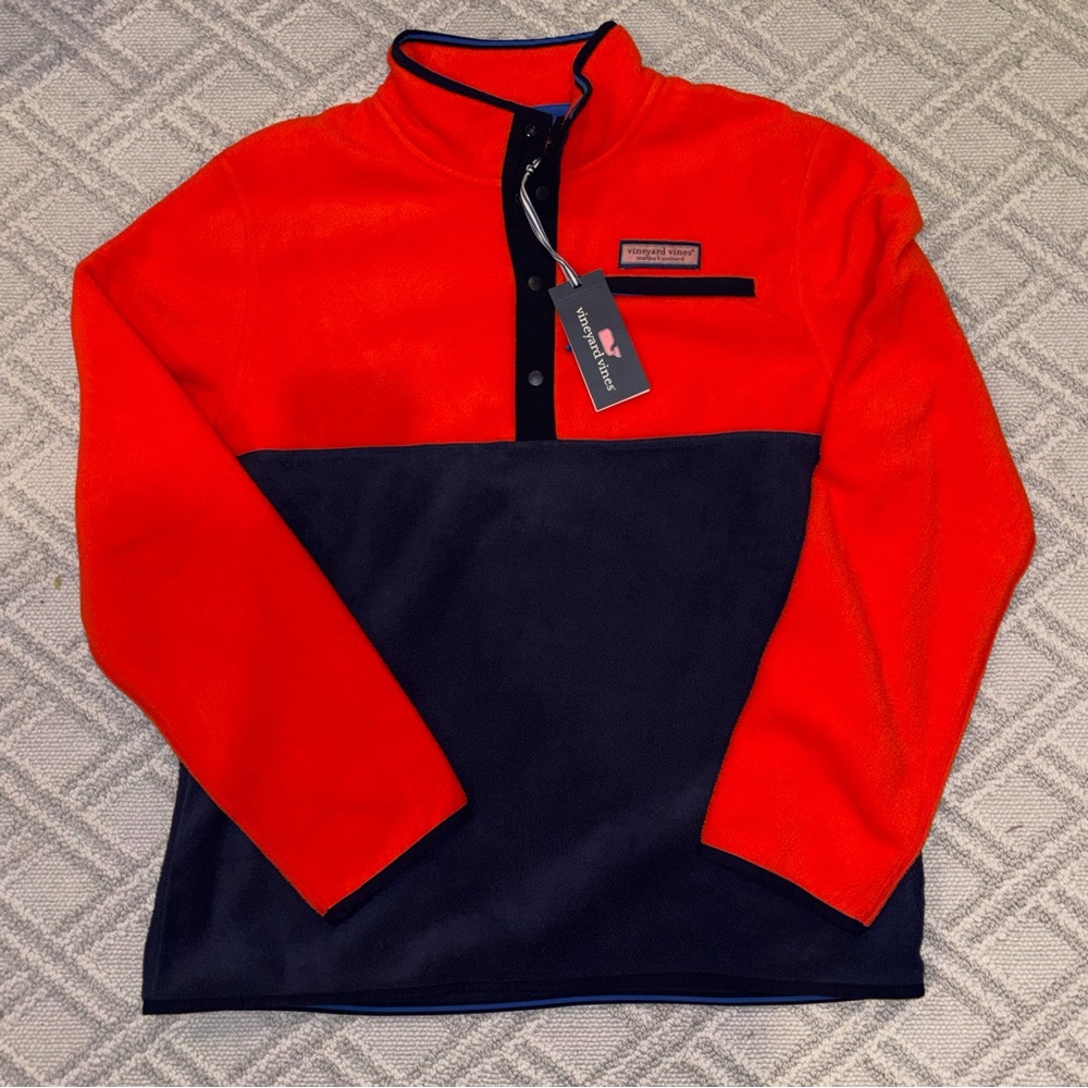 Vineyard Vines NEW colorblock orange & navy blue 1/4 snap fleece men's sz Medium
